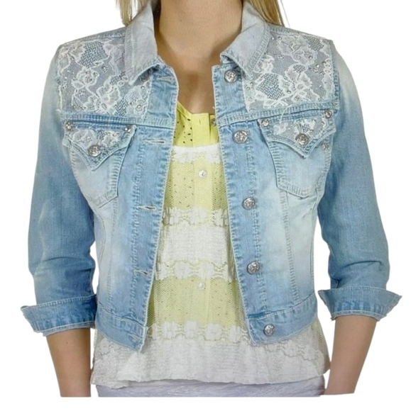 Miss Me Cropped Stone Wash Denim Med Jacket Rhinestones and Lace - Picture 2 of 15